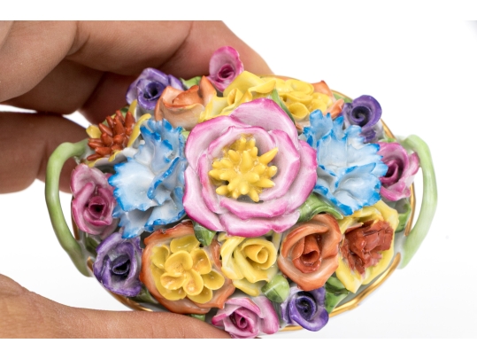 Two Herend Hungary Hand-Painted Porcelain Vibrant Floral Baskets 