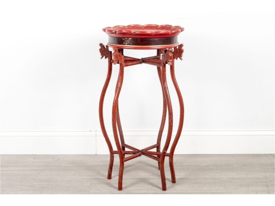 Chinese Red Painted Dragon Motif Plant Stand With Gilt Detail 