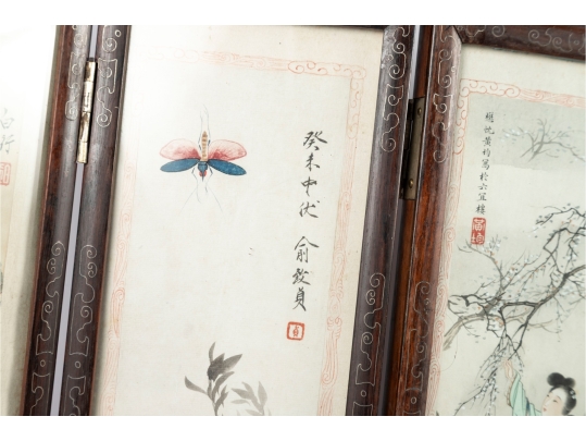 Vintage Chinese Folding Table Screen With Hand-Painted Scenes