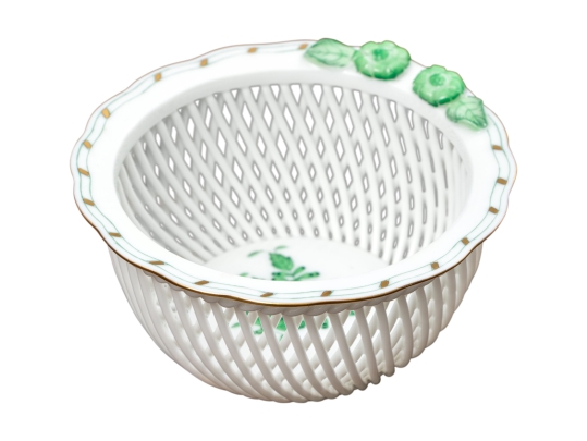 Herend Hungary Hand-Painted Porcelain Reticulated Basket, Green Chinese Bouquet Pattern