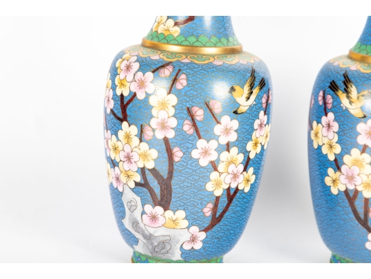 Pair Of Vintage Chinese Cloisonné Enamel Vases With Cherry Blossom Motif