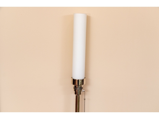 Quality Pair Of Chrome Framed Floor Lamps With Opaque Glass Shades