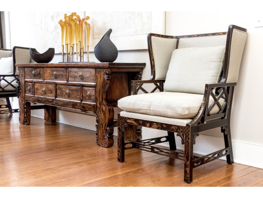 Custom Upholstered Chinoiserie Wing Chairs