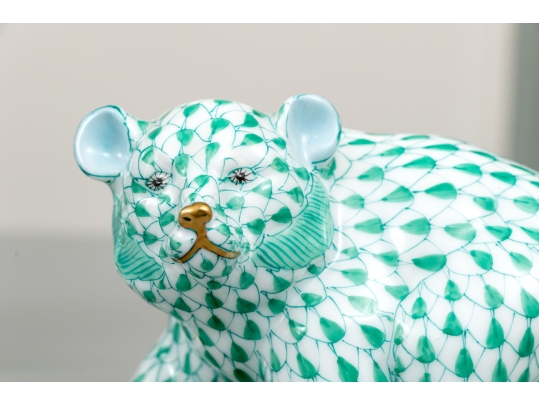 Duo Of Herend Hungary Hand-Painted Porcelain Bears, Green Fishnet Pattern