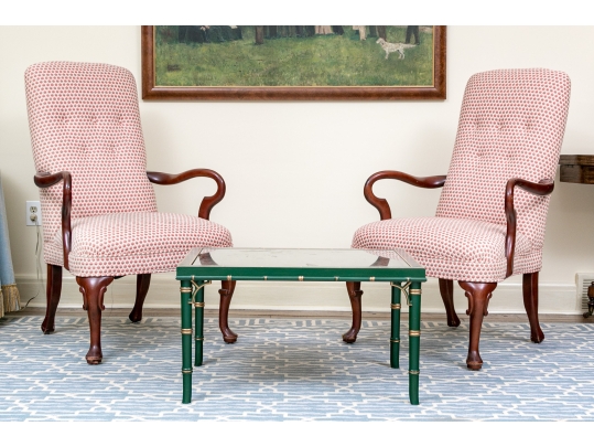 Fabulous Pair Of Mahogany Goose Neck Upholstered Armchairs