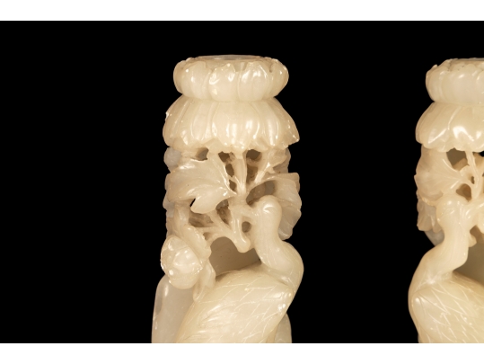 Antique Chinese Carved Nephrite Peacock Candle Holders