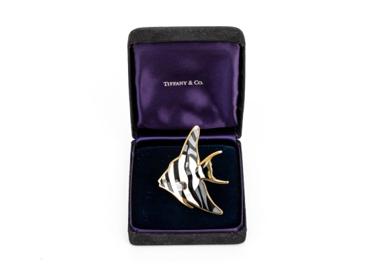 Tiffany & Co. 18k Yellow Gold Angela Cummings Stunning Inlaid Angel Fish Brooch, With Box