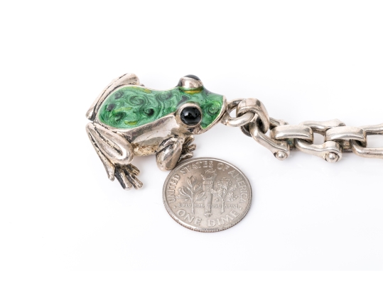 Tiffany & Co. Sterling Silver Whimsical Green Enamel Frog Key Chain, With Felt