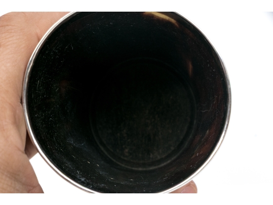 Antique English Collection Of Three Carved Horn Horn Cups, Sterling Mounted 