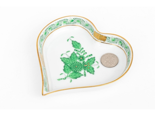 Herend Hungary Hand-Painted Porcelain Heart Shaped Trinket Dish, Green Chinese Bouquet Pattern