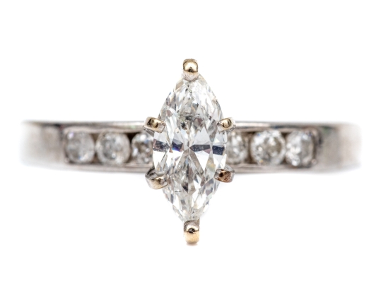 14k White Gold Marquise And Round Diamond Ring, App. 0.59 TCW, Size 7.25
