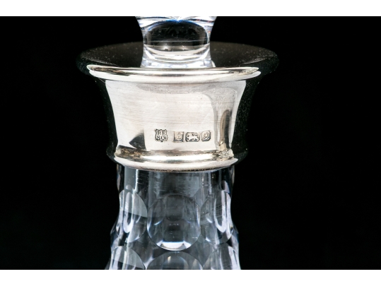 Group Of Three English Cut Glass Decanters Or Perfumes With Sterling Silver Collars