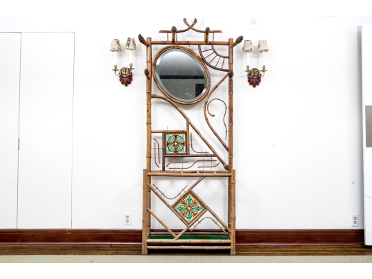 Antique 19th C. Bamboo And Hand-painted Tile Hall Tree