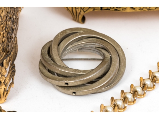 Collection Of Fashion And Limoge Brooches, Necklace And Two Jewelry Boxes