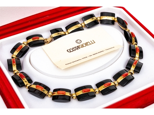 18k Yellow Gold Beautiful Chunky Square Black Onyx Pillow Link And Coral Set Necklace