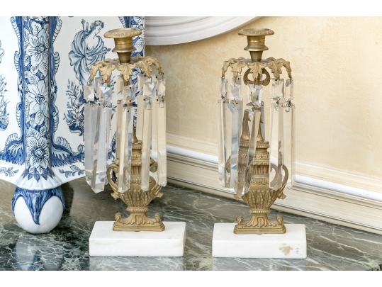 Elegant Pair Of Brass And Stone Girandole Candlesticks