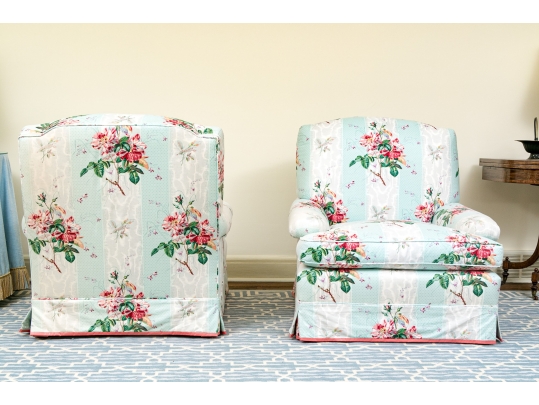 Pair Of Custom Upholstered Club Chairs And Ottoman