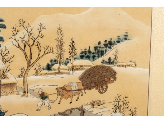 Framed Korean Painting On Silk Depicting Winter Village Scene