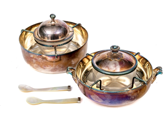 Associated Set Of Two Silver Plated And Glass Caviar Servers With Two Mother Of Pearl Spoons