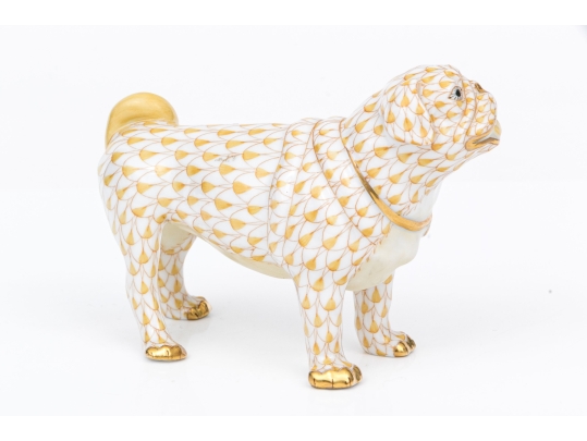 Herend Hungary Hand-Painted Porcelain Pug Figure, Butterscotch Fishnet Pattern