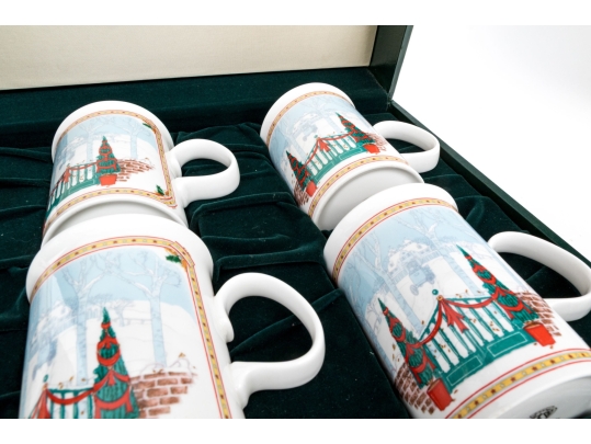 Gucci Vintage Set Of Six Bone China Christmas Themed Mugs, Boxed