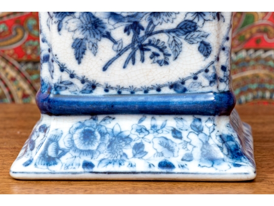 Pair Of Decorative Blue And White Twin Handled Square Beaker Vases