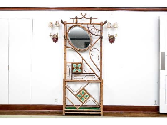 Antique 19th C. Bamboo And Hand-painted Tile Hall Tree