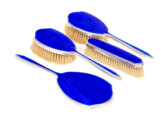 Four Piece English Sterling And Guilloche Enameled Vanity Set