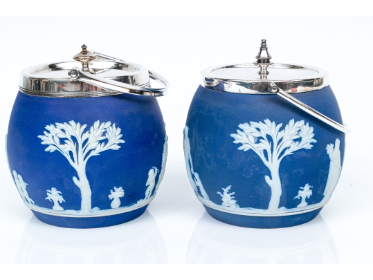 Compatible Pair Of Jasperware Biscuit Jars, Including One Wedgewood