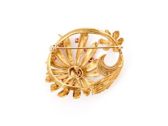 Karbra Yellow Gold Magnificent Vintage Ruby And Diamond Flower Cluster Brooch