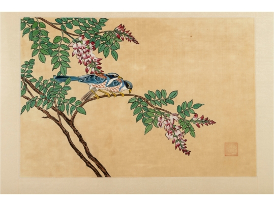 Framed Asian Painting On Silk Of Blue Jays And Blossoms