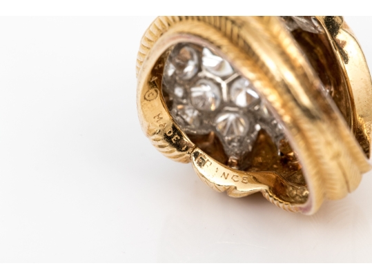 Van Cleef & Arpels 18k Yellow Gold Stunning Vintage Pave Diamond Foliate Ring, Size 3.75