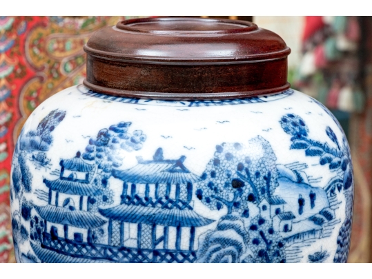 Pair Of Decorative Chinese Porcelain Ginger Jars With Wood Lids