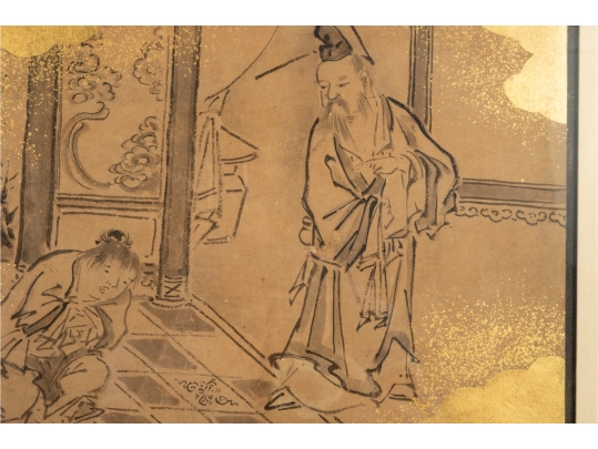 Pair Of Gilt Vintage Chinese Ink Illustrations 