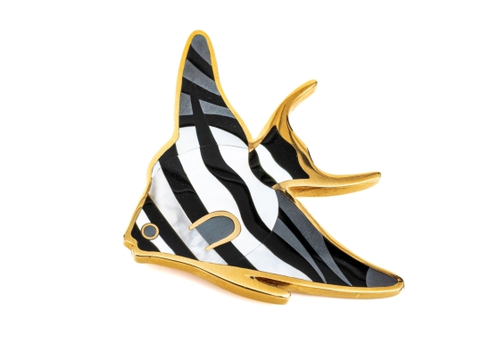 Tiffany & Co. 18k Yellow Gold Angela Cummings Stunning Inlaid Angel Fish Brooch, With Box