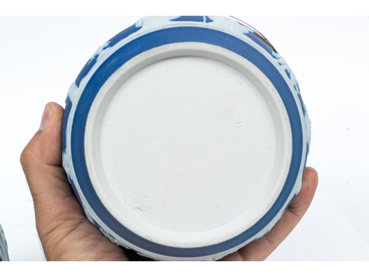 Compatible Pair Of Jasperware Biscuit Jars, Including One Wedgewood