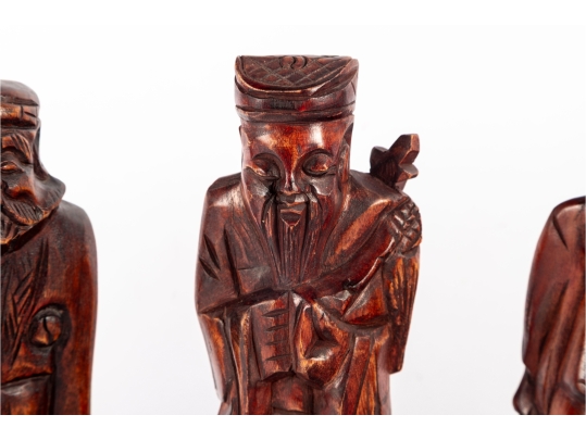 Set Of Three Hand-Carved Chinese Wooden Immortal Figures