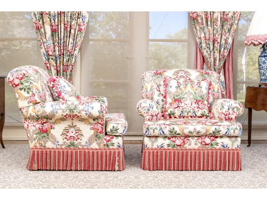 Lavish Pair Of Custom Upholstered Chairs With Bullion Fringe