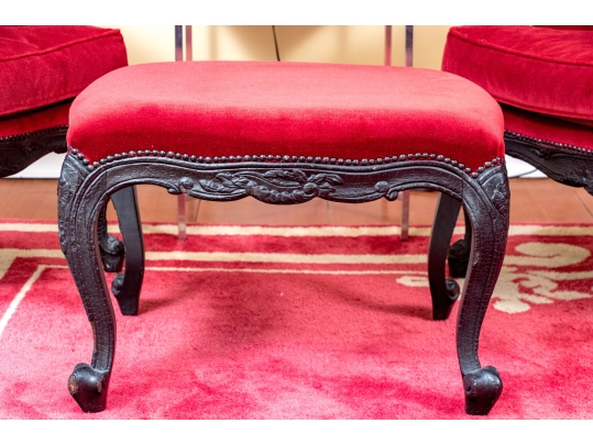 Pair Of Custom Upholstered Queen Anne Style Armchairs With Associated Ottoman