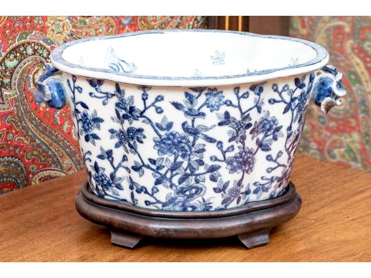 Decorative Chinese Export Style Twin Handled Jardiniere With Wood Stand