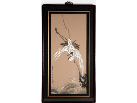 Pair Of Framed Asian Paintings On Silk Of Cranes