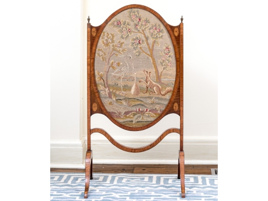 Antique Needlepoint Upholstered Fire Screen With Satinwood Stand