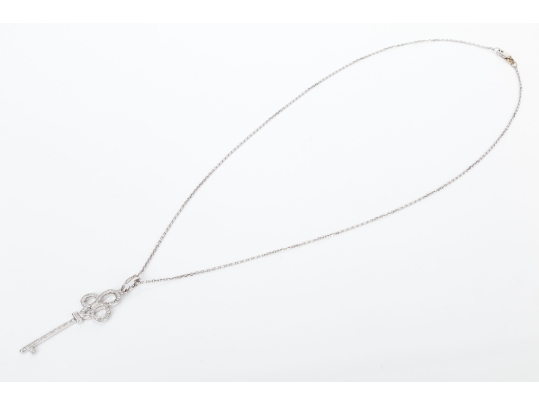 14k White Gold Handsome Diamond Set Swirled End Key Pendant, App. 0.21 TCW, With Chain