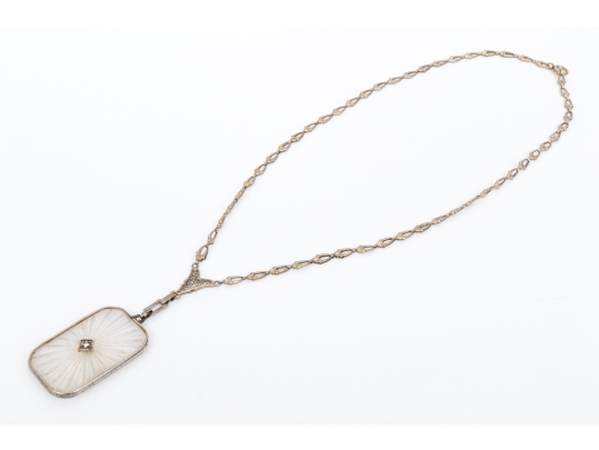 14k White Gold Vintage Rock Crystal Quartz And Diamond Set Necklace With 10k Gold Chain