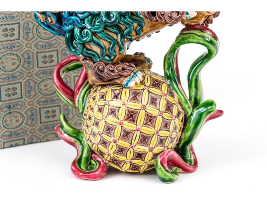 Koji Pottery Enameled Ceramic Figure Of A Foo Dog On Ball