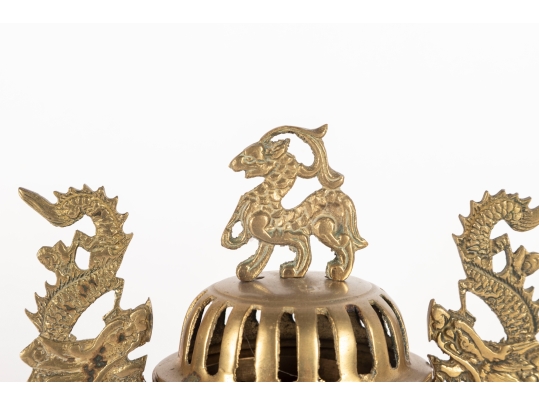 Chinese Brass Censer With Dragon Handles And Mythical Beast Finial
