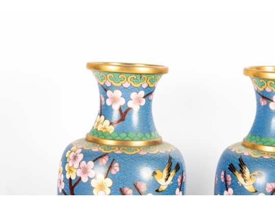 Pair Of Vintage Chinese Cloisonné Enamel Vases With Cherry Blossom Motif