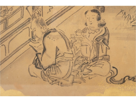 Pair Of Gilt Vintage Chinese Ink Illustrations 