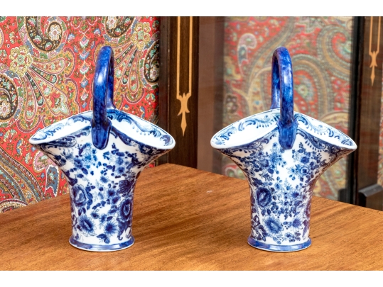 Decorative Chinese Pair Of Blue And White Basket Form Vases