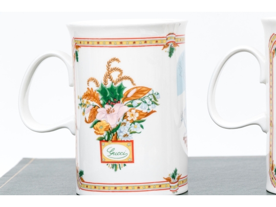 Gucci Vintage Set Of Six Bone China Christmas Themed Mugs, Boxed